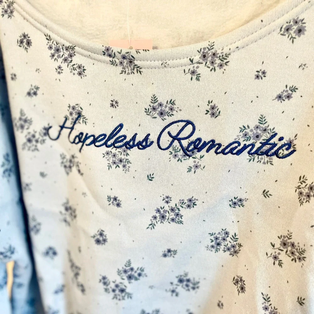 Mighty Fine‎ Hopeless Romantic Floral Off Shoulder Cropped Sweatshirt Blue SM